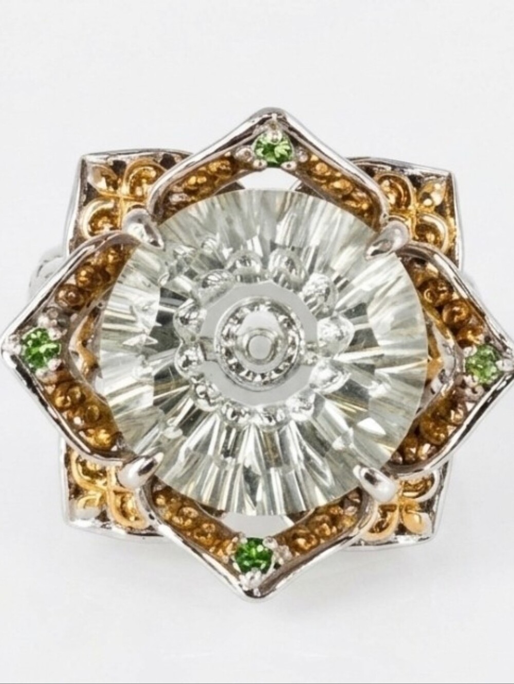 Genuine White Zircon & Tsavorite Garnet Ring 18K Palladium Sterling Silver Sz 8